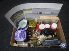 A box containing large Ringtons chintz jug, cutlery boxes, figures, signed print,