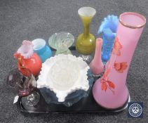 A tray of coloured glass, continental glass jug etc.