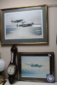 An Edwardian oak barometer together with signed colour prints 'Memorial flight Lancaster,