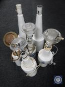 Three pairs of Royal Copenhagen blue and white table lamps