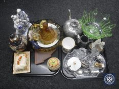 Two trays of china pottery, carved wooden stand, blue and white figure,