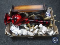 A box of Seiko wall clock, large glass vase, Ringtons teapot, brass ware,