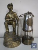 A brass and chrome Eccles Protector miner's lamp type 6 together with a brass figure of a miner