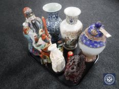 A tray of Oriental carved figure, Japanese vases,