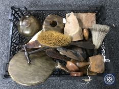 A crate of vintage wooden shoe stretchers, dressing table set etc.