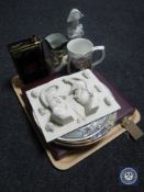 A tray of Wedgwood and Coalport wall plates depicting battle scenes, Danbury mint Waterloo tankard,