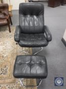 A late twentieth century tubular metal and black leather adjustable revolving chair with stool