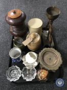 A tray of wooden and marble lidded jars, Maling shallow dish, blue and white three handled cup,