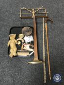 A tray of early twentieth century folding music stand, mohair teddy bear, folding ruler,