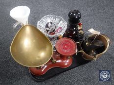 A tray of two-tone lead crystal decanter and vase, studio glass vase, kitchen scales and weight,