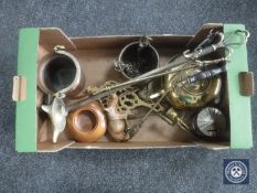 A box of assorted metal ware, copper kettle, companion set, miniature pale,