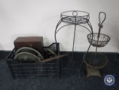 A box of kitchen scales in wooden box, teak kitchen ware, brass trench art style lighter,