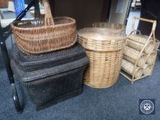A wicker wine rack together with six assorted baskets