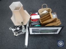 A quantity of artificial flowers, two table lamps, Newcastle United print, box of extension leads,