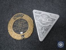 An LNER plaque to commemorate a 1938 locomotive world speed record together with a cast metal sign