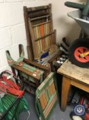 Two vintage deck chairs together with two garden loungers,