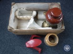 A wooden crate of tilly lamp, cobbler's last,