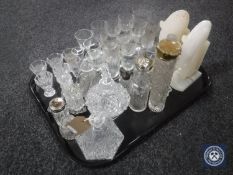 A tray of pair of onyx horse bookends together with a quantity of antique glass ware including