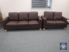 Two brown leatherette settees (one foot cannot be attached)