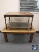 An oak barley twist coffee table with bergere under shelf together with a mahogany coffee table