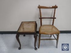 A walnut bergere bedroom chair together with a dressing table stool