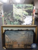Ten assorted framed pictures and prints including a triptych wall canvas,