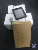 Six boxed sets of five black framed mirrors and a box of candles