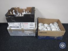 A boxed stainless steel chafing dish together with a box containing Arcoroc glasses,