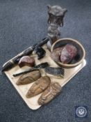 A tray of tribal art, figures, mask,