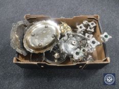 A box containing 20th century plated wares including spirit kettle, swing-handled basket,