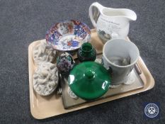 A tray containing Imari scalloped edge bowl, cloisonne egg, Victorian tankard,