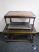 An oak pull out coffee table on bulbous legs together with an oak barley twist tiled top coffee