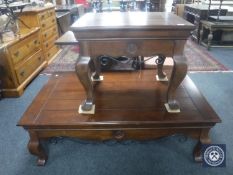 A contemporary universal lamp table with metal mounts together with the matching coffee table (2)