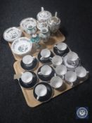 Two trays containing Royal Osbourne and Royal Tuscan tea cups and saucers, Indian Tree china,