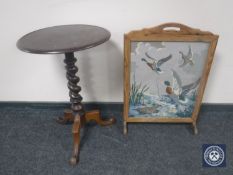 A Victorian mahogany twist column pedestal wine table together with an oak tapestry fire screen