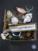 Two boxes of glass ware, ice bucket with tongs, Art Deco style glass light shade,