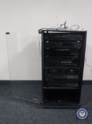 A six-piece Technics separates system in cabinet (speakers to follow vendor will bring them to