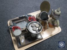 A tray of postal scales with weights, gilt and chalk framed mirror, Eastern style teapot and jug,