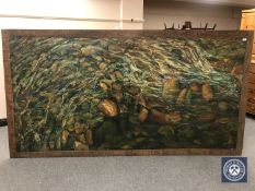 Donald James White : Highland River, oil on board, signed, dated '87, 122 cm x 245 cm, framed.