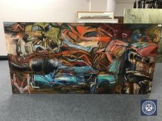Donald James White : Scrapyard, oil on board, 100 cm x 200 cm, mounted.