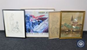 A gilt framed Dutch watercolour depicting boats on water together with a pencil sketch of a seated