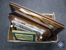 Two Edwardian oak framed prints of musicians, antique mahogany serving tray,