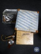 A pine cracket, rush seated stool, metal box of hand tools,