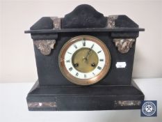 A Victorian slate brass mantel clock with brass and enamelled dial (glass cracked)