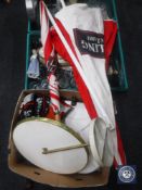 Three boxes of assorted glass ware, china, Nao figure, table lamp and shade, dressing table mirror,