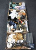 Four boxes of dinner ware, vintage tins, three pieces continental tea service, figure of a terrier,