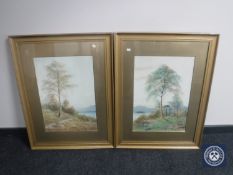 William Baker (1863 - 1937) : A lady walking down a country track with lake beyond, watercolour,