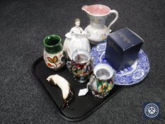 A tray of Beswick figure of a Persian cat, Royal Doulton figure HN 3222, pair of glass vases,