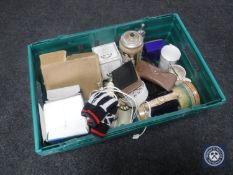 A crate of miscellaneous Ringtons china, travel set, beer steins, retro telephone,