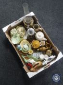 A box of brass oil lamp with chimney, Carlton ware china, beer stein,